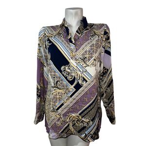 Chicos Baroque Scarf Print Blouse Purple Navy Gold Long Sleeve Split Neck Size 1